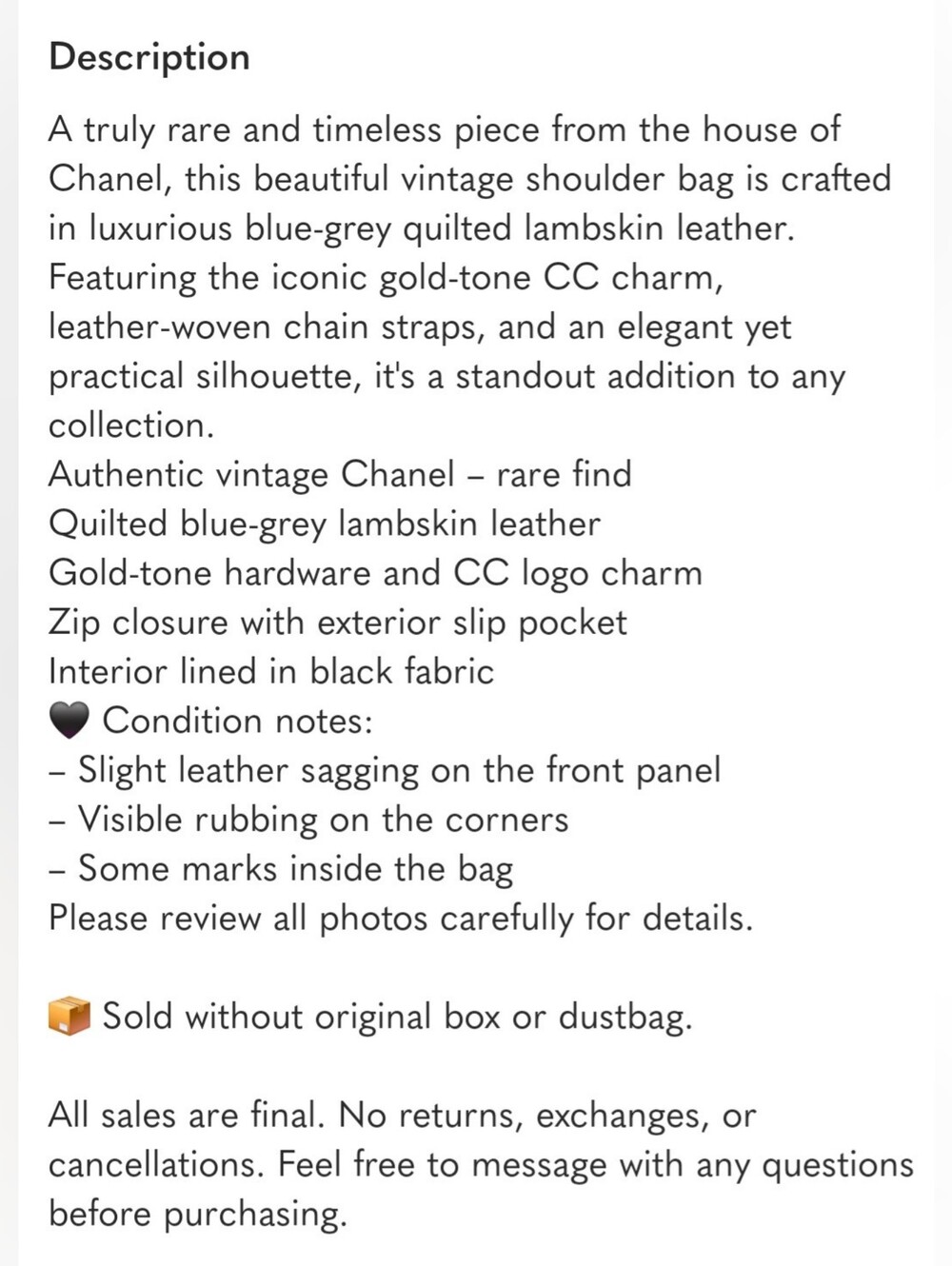 Rare Vintage Chanel Quilted Blue-Grey Lambskin Shoulder Bag with Gold CC Charm - Picture 16 of 16